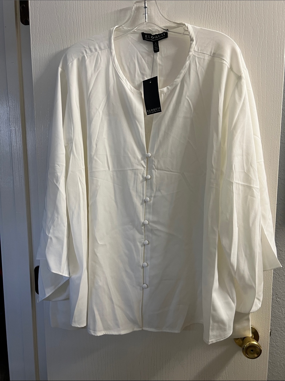Eloquii White Textured Blouse with Covered Buttons
